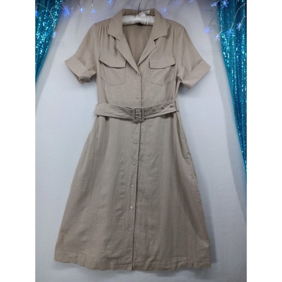 Tahari Linen Explorer Style Button-Up Dress SZ S Belt Pockets Midi Short Sleeve - Picture 1 of 16